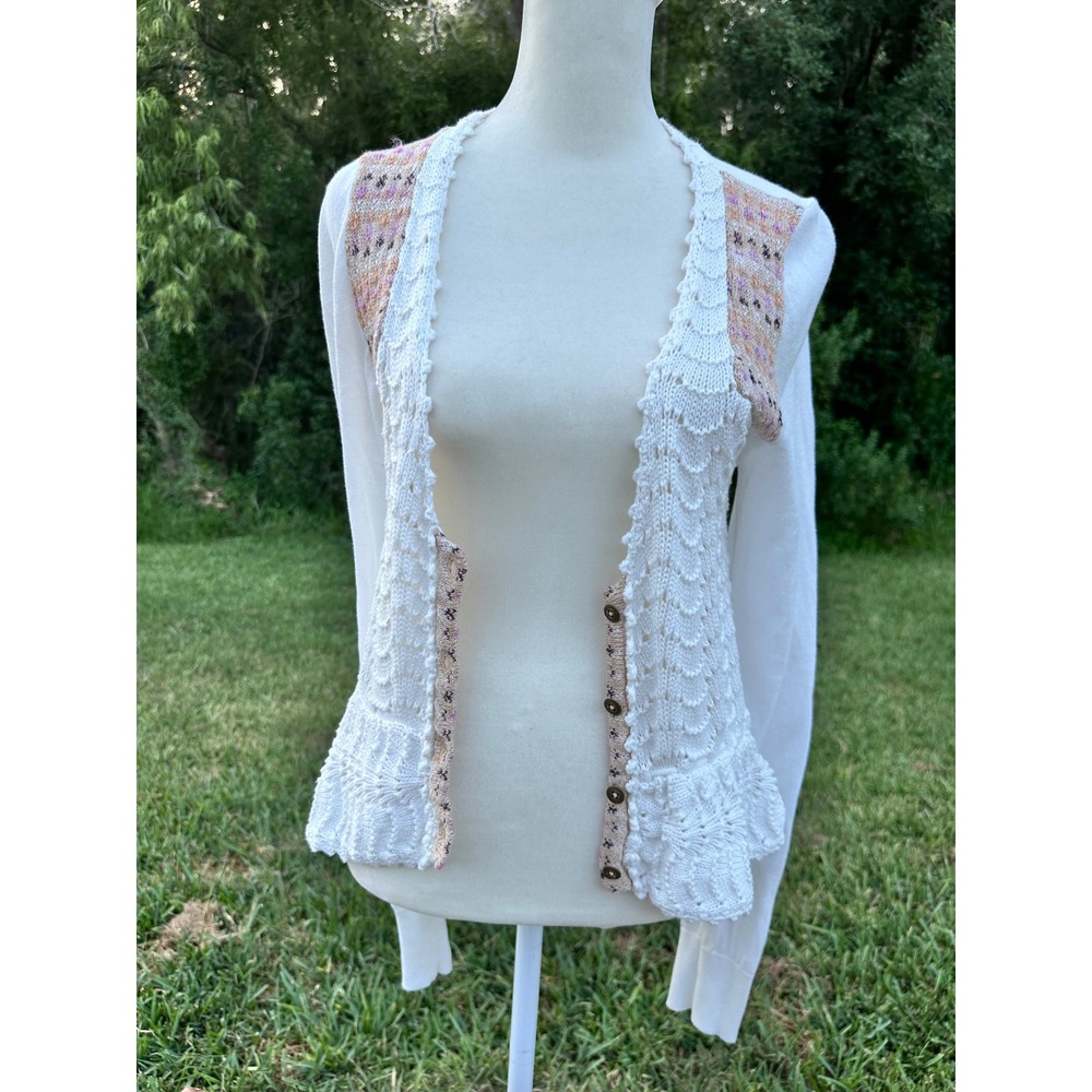 Free People Cotton Hippie Crochet Knit Cardigan Coastal Boho Womens M White